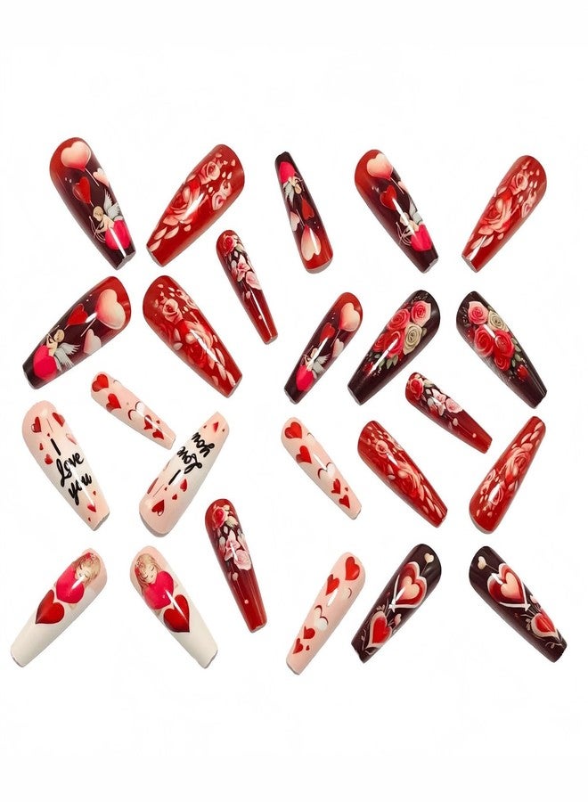 OCOUYVD Valentine Press on Nails Extra Long Glue on Nails Red Heart Rose Fake Nails Full Cover Cute False Nails Glossy Acrylic Nail Valentine Artificial Nail for Women DIY Manicure Art - Image 4